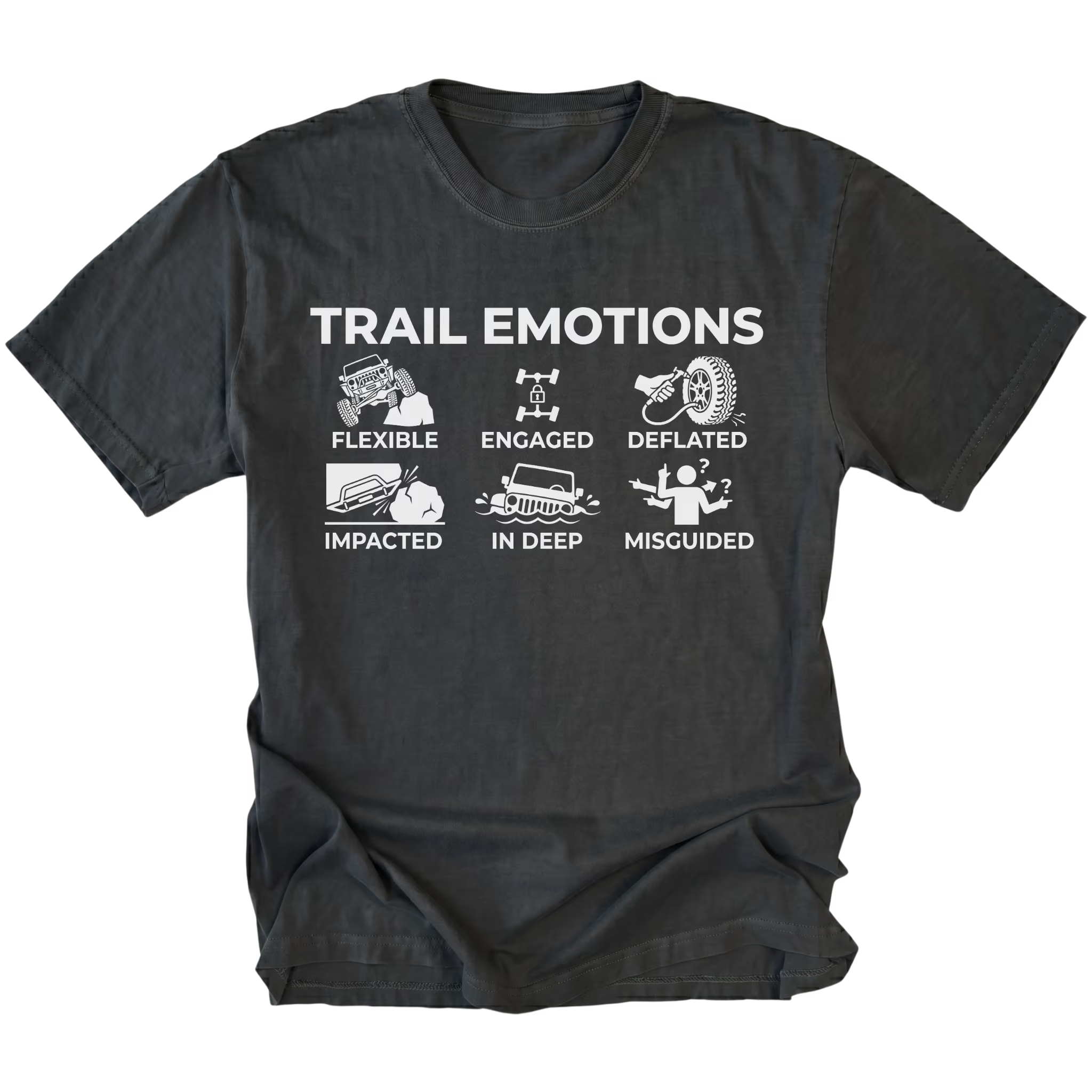Black t-shirt featuring “Trail Emotions” text with illustrated off-road icons labeled flexible, engaged, deflated, impacted, in deep, and misguided by Trail Snark.