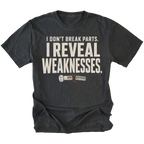 Black t-shirt featuring the Reveal Weaknesses design on the front by Trail Snark.