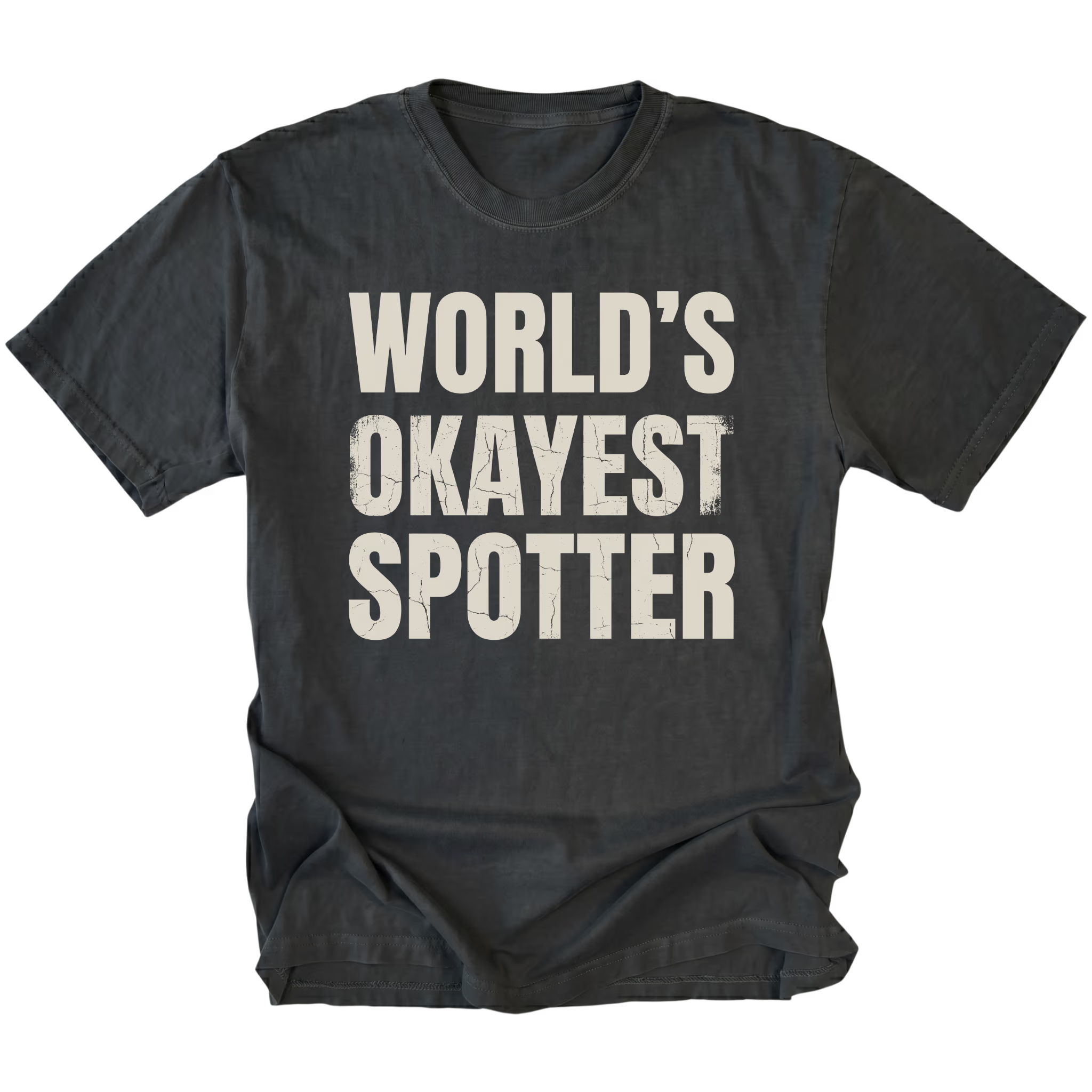 Black t-shirt with bold distressed text reading “World’s Okayest Spotter.”