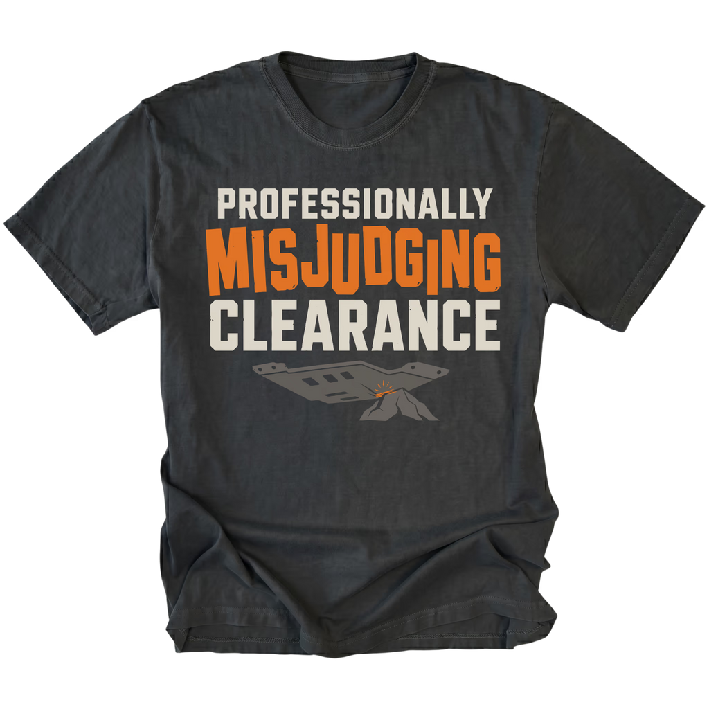 Black T-shirt featuring the Misjudged Clearance design on the front by Trail Snark.