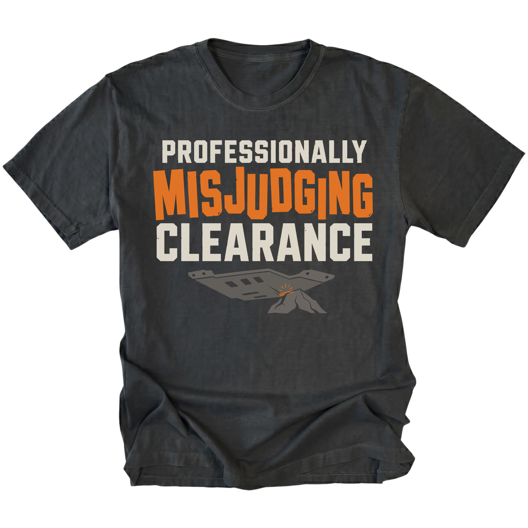 Black T-shirt featuring the Misjudged Clearance design on the front by Trail Snark.