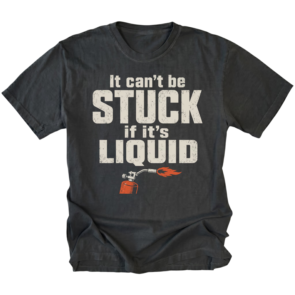 Black t-shirt featuring the Liquid Stuck design on the front by Trail Snark.