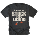 Black t-shirt featuring the Liquid Stuck design on the front by Trail Snark.