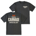 Black T-shirt with Carnage Dept. on the front and the Trail Carnage Specialist design on the back by Trail Snark.