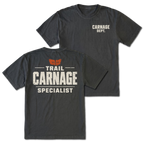 Black T-shirt with Carnage Dept. on the front and the Trail Carnage Specialist design on the back by Trail Snark.