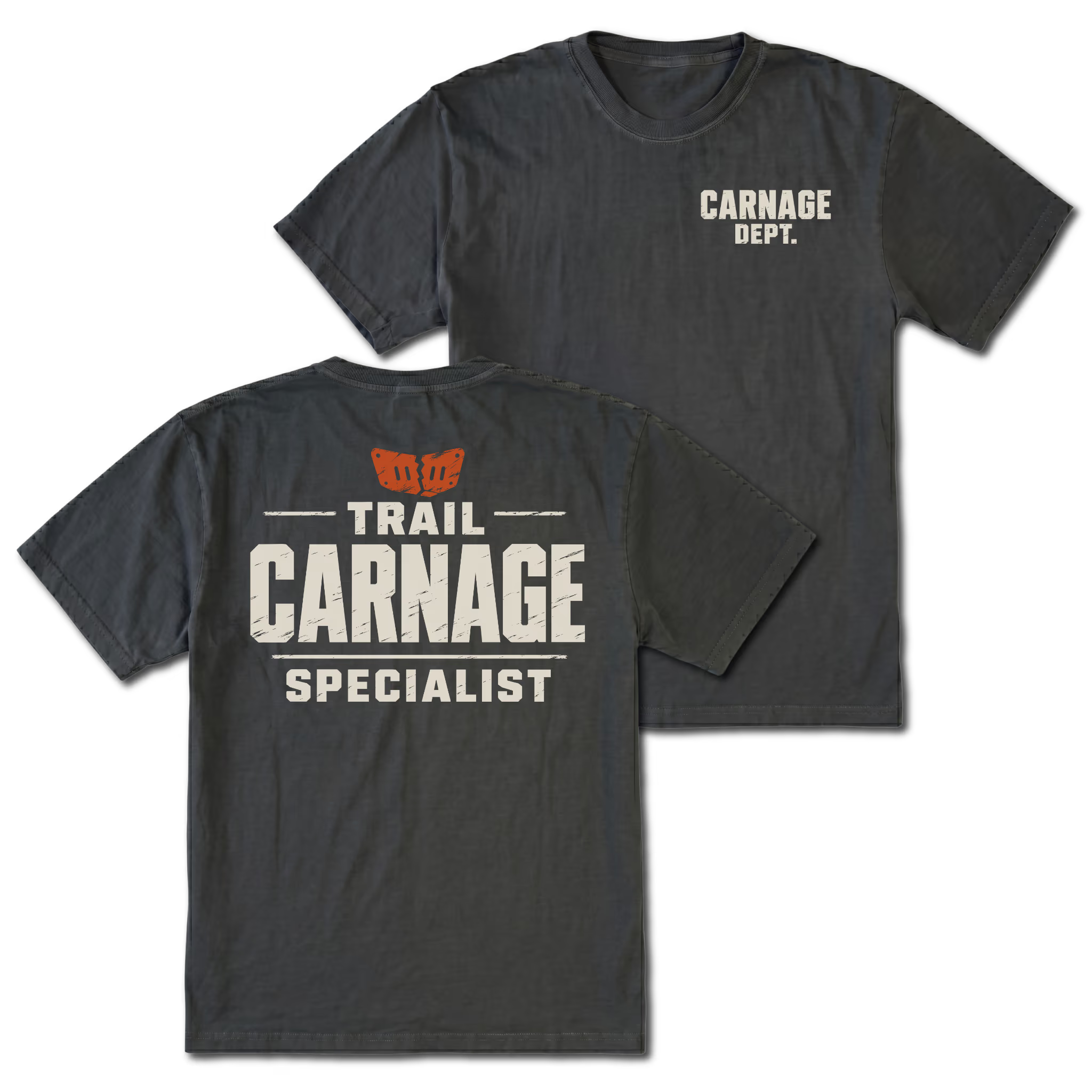 Black T-shirt with Carnage Dept. on the front and the Trail Carnage Specialist design on the back by Trail Snark.