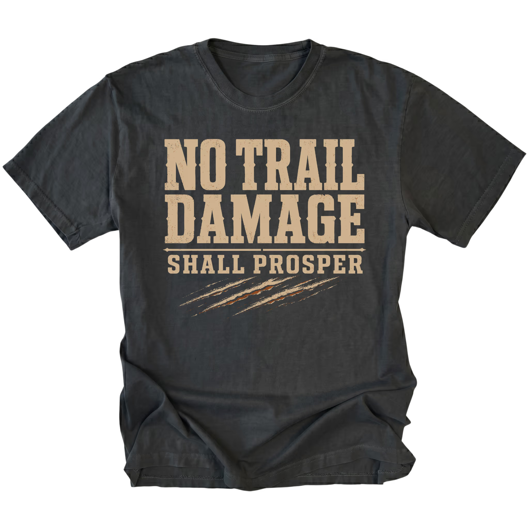 Black T-shirt featuring the No Trail Damage Shall Prosper design on the front by Trail Snark.