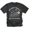Black t-shirt featuring an off-road SUV climbing rocks with text reading No Bad Trails Just Bad Decisions, front view by Trail Snark.