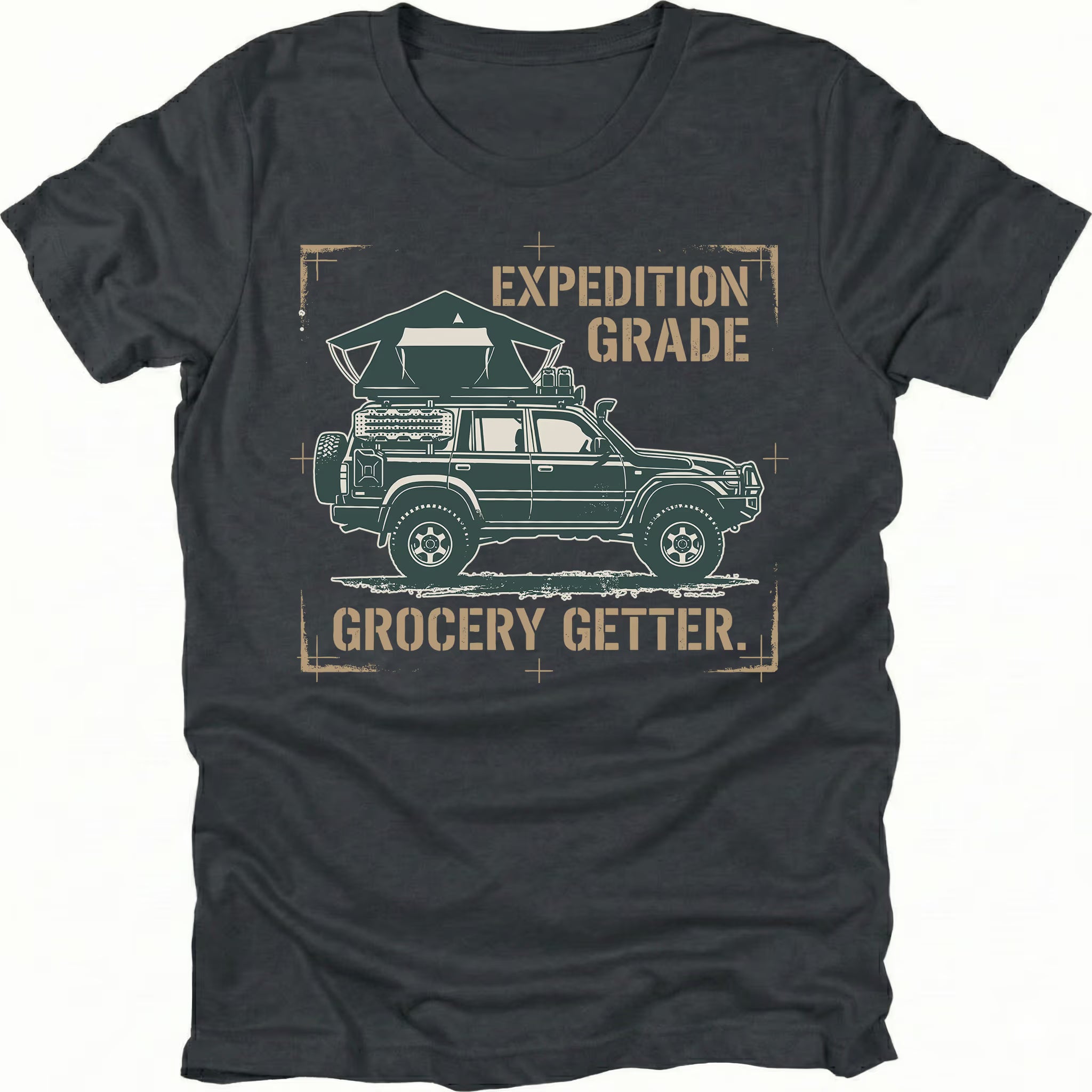 Black t-shirt featuring expedition grade grocery getter off-road vehicle graphic shown from the front by Trail Snark.