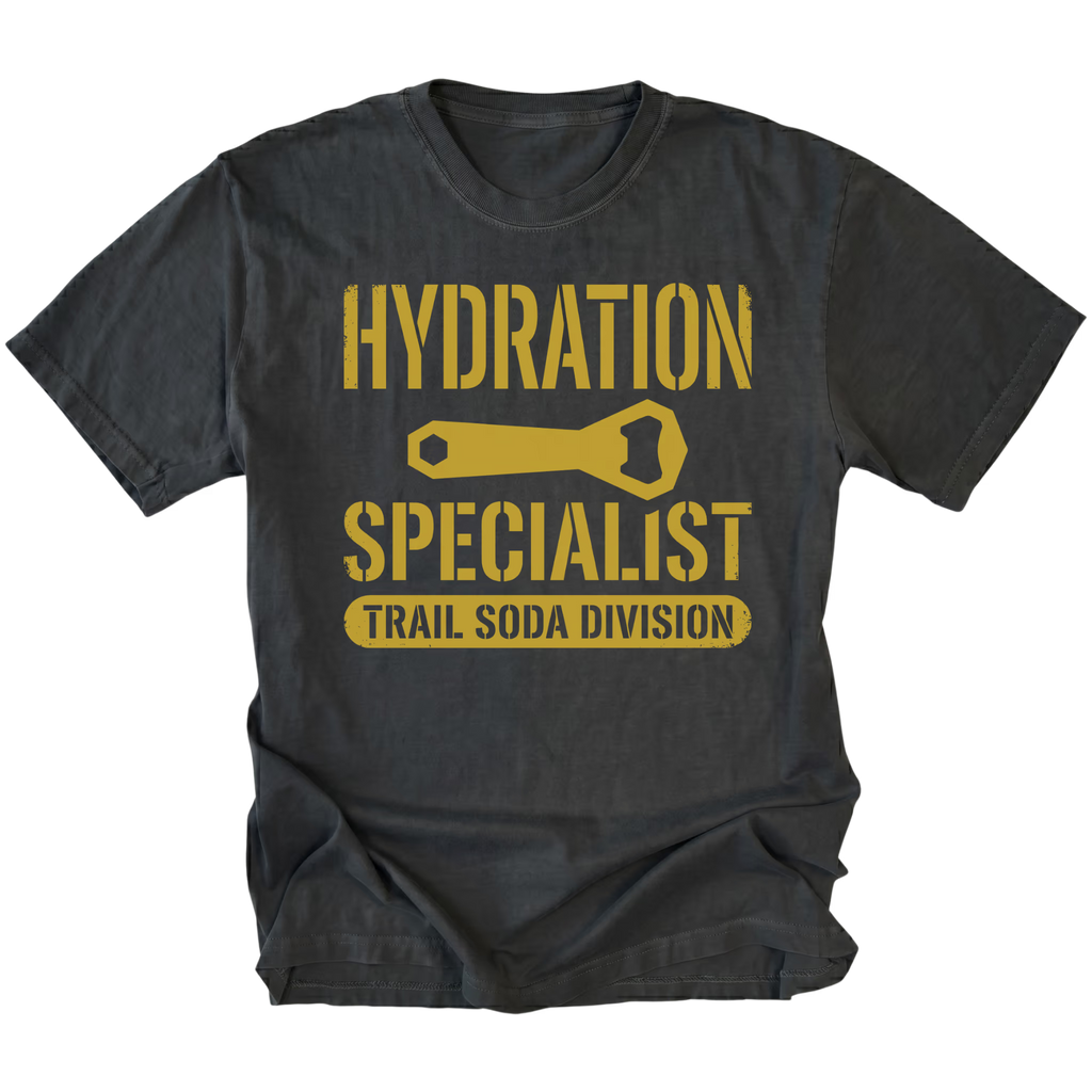 Black T-Shirt featuring the Hydration Specialist Trail Soda Division design in front view by Trail Snark.