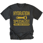 Black T-Shirt featuring the Hydration Specialist Trail Soda Division design in front view by Trail Snark.