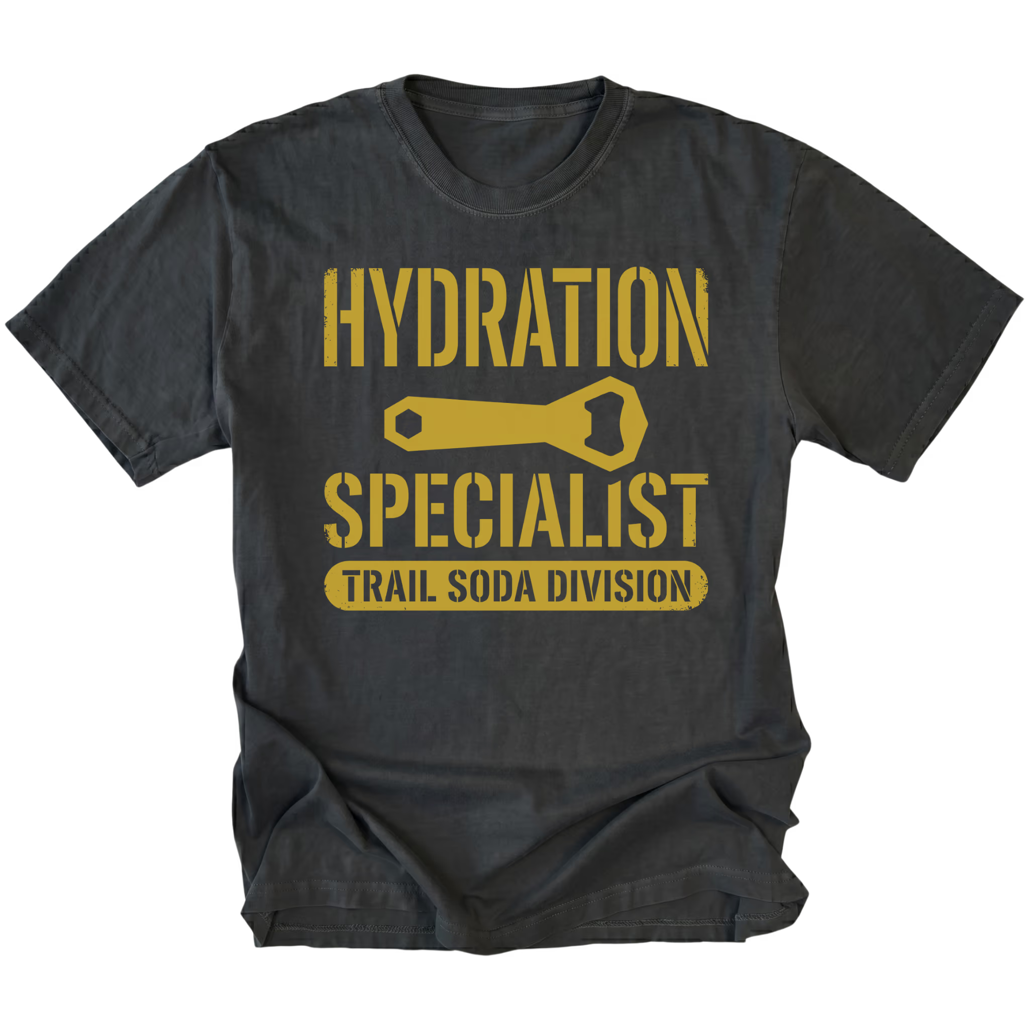 Black T-Shirt featuring the Hydration Specialist Trail Soda Division design in front view by Trail Snark.