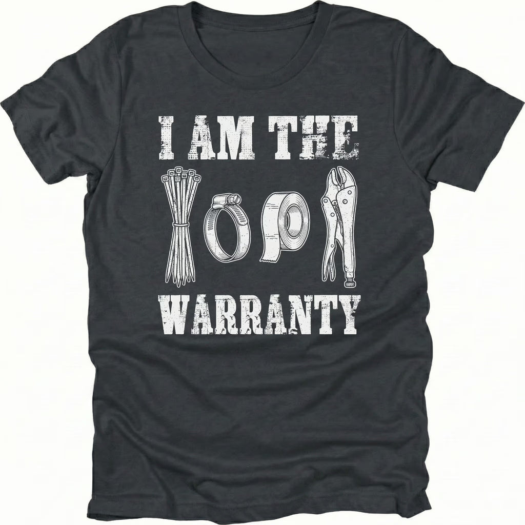 Black t-shirt with text reading I Am The Warranty and illustrations of zip ties, duct tape, and vice grips.