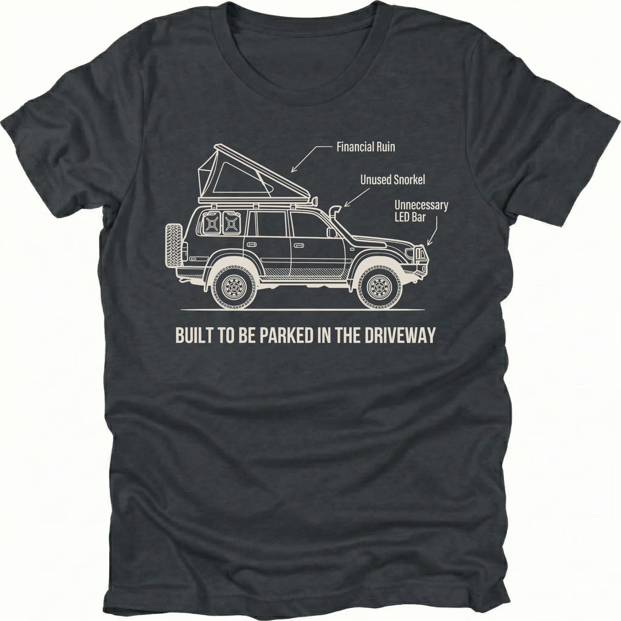 Black t-shirt featuring built to be parked in the driveway vehicle diagram graphic shown from the front by Trail Snark.