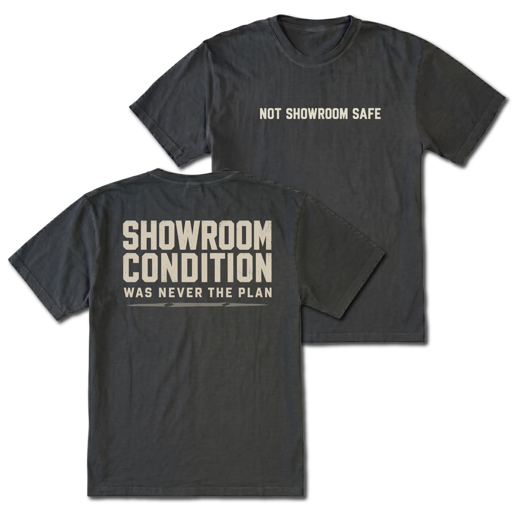 Black T-shirt with a Showroom Condition Was Never The Plan design shown from the back view by Trail Snark.