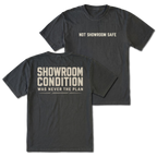 Black T-shirt with a Showroom Condition Was Never The Plan design shown from the back view by Trail Snark.
