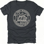 Black t-shirt with circular white line-art badge showing a rooftop tent on a vehicle under mountains and moon with text reading My Tent Whispers Government Secrets.