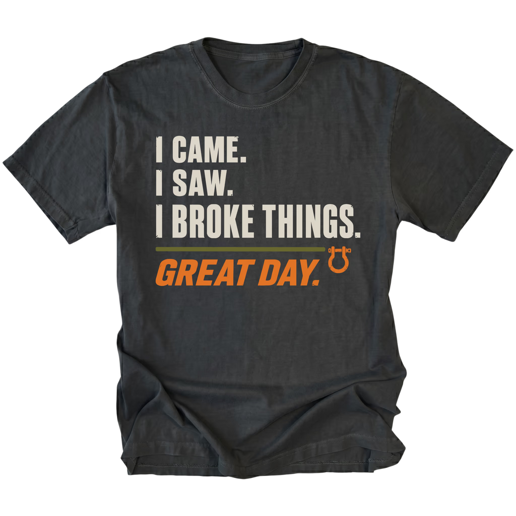 Black T-shirt featuring the Broke Things design on the front by Trail Snark.