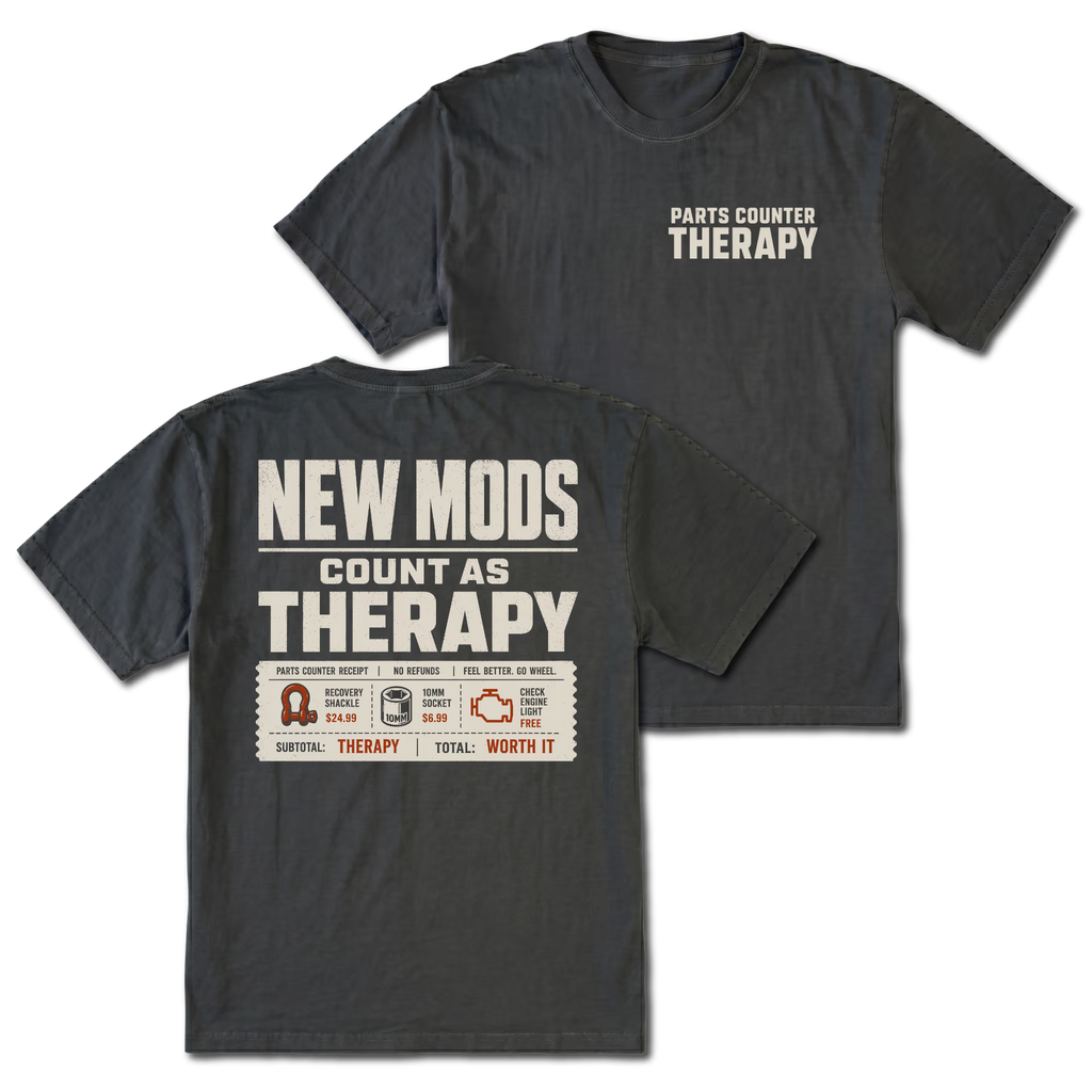Black T-Shirt with Parts Counter Therapy front design and New Mods Count As Therapy back design shown in front and back views by Trail Snark.