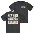 Black T-Shirt with Parts Counter Therapy front design and New Mods Count As Therapy back design shown in front and back views by Trail Snark.