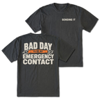 Black t-shirt featuring the Emergency Contact design on the back and Sending It on the front by Trail Snark.