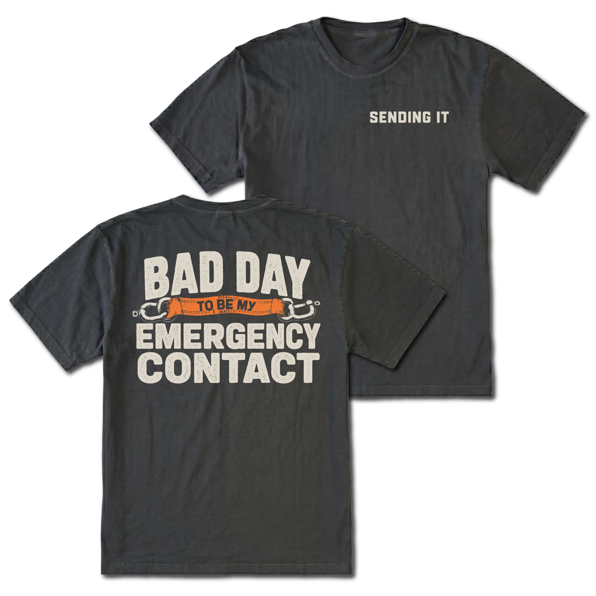 Black t-shirt featuring the Emergency Contact design on the back and Sending It on the front by Trail Snark.