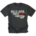 Black t-shirt featuring Bills Later Parts Now design with suspension coilover graphic on front view by Trail Snark.