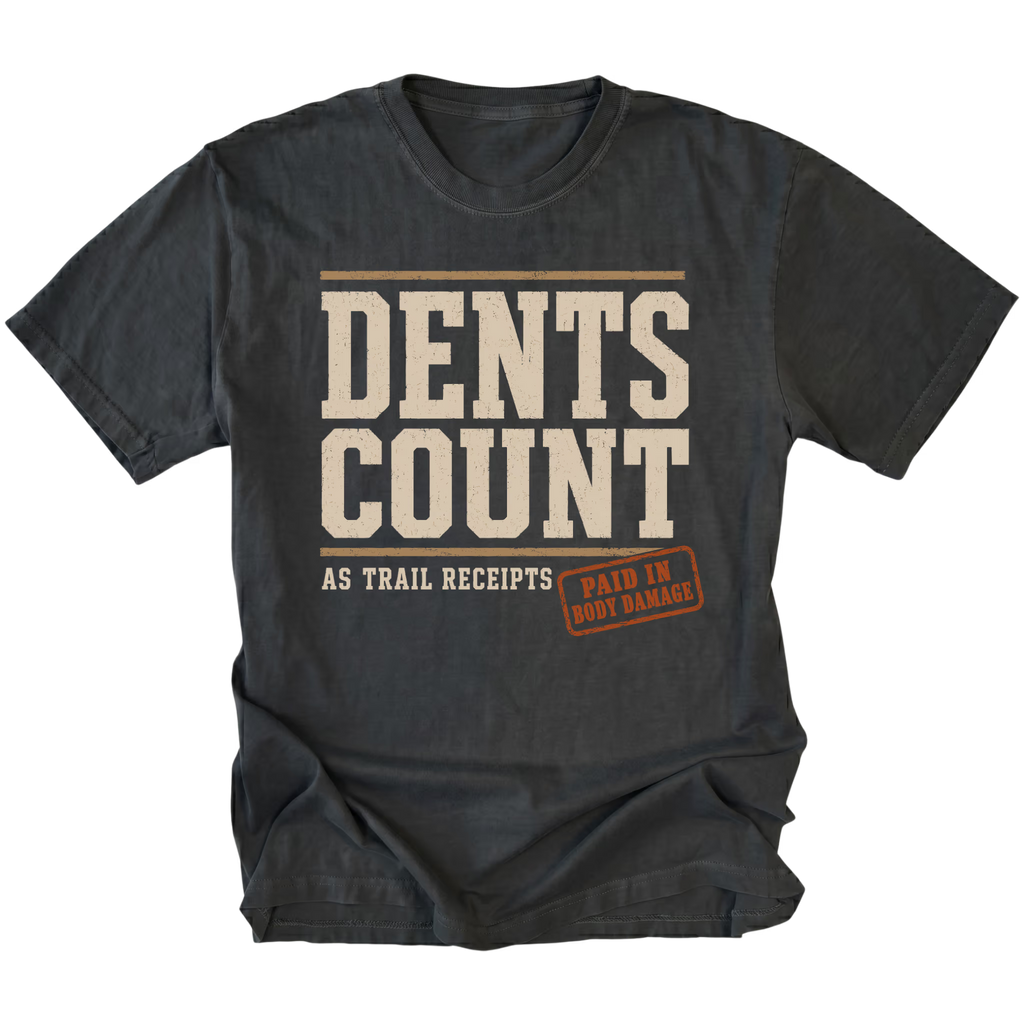 Black T-shirt featuring the Dents Count As Trail Receipts design on the front by Trail Snark.