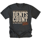 Black T-shirt featuring the Dents Count As Trail Receipts design on the front by Trail Snark.