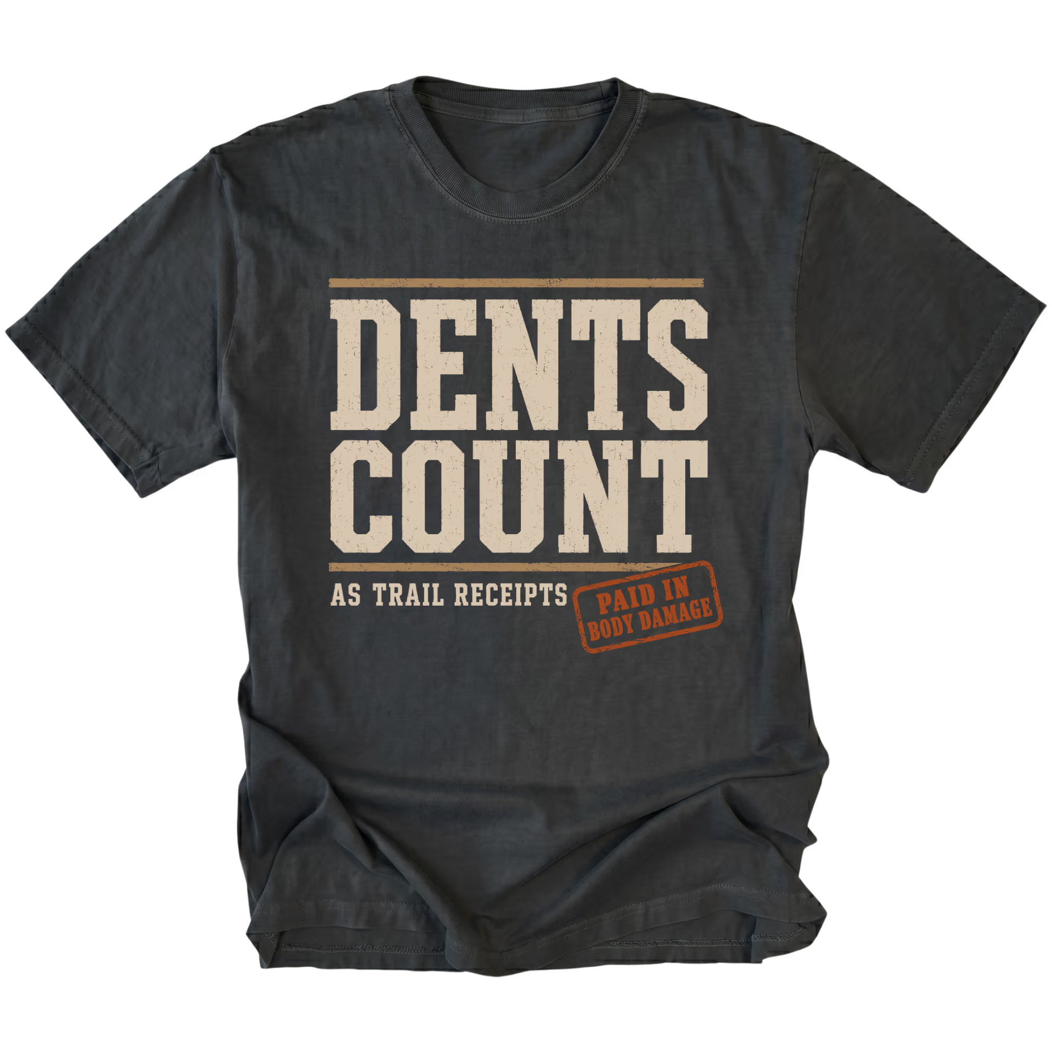 Black T-shirt featuring the Dents Count As Trail Receipts design on the front by Trail Snark.