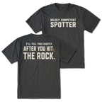 Black t-shirt featuring the Mildly Competent Spotter design on the front and the after you hit the rock design on the back by Trail Snark.