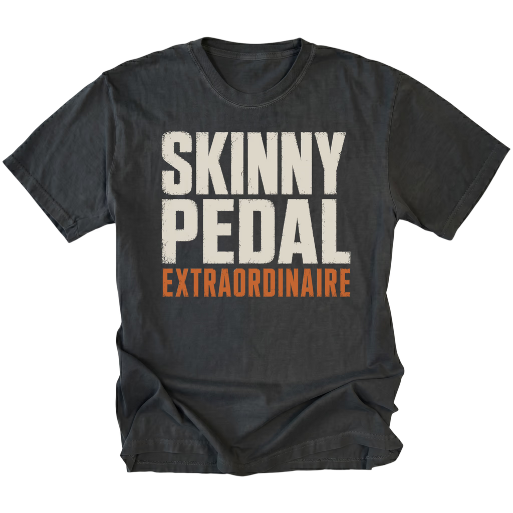 Black t-shirt featuring the Skinny Pedal design on the front by Trail Snark.