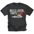 Black t-shirt featuring Bills Later Parts Now design with suspension coilover graphic on front view by Trail Snark.
