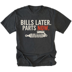Black t-shirt featuring Bills Later Parts Now design with suspension coilover graphic on front view by Trail Snark.