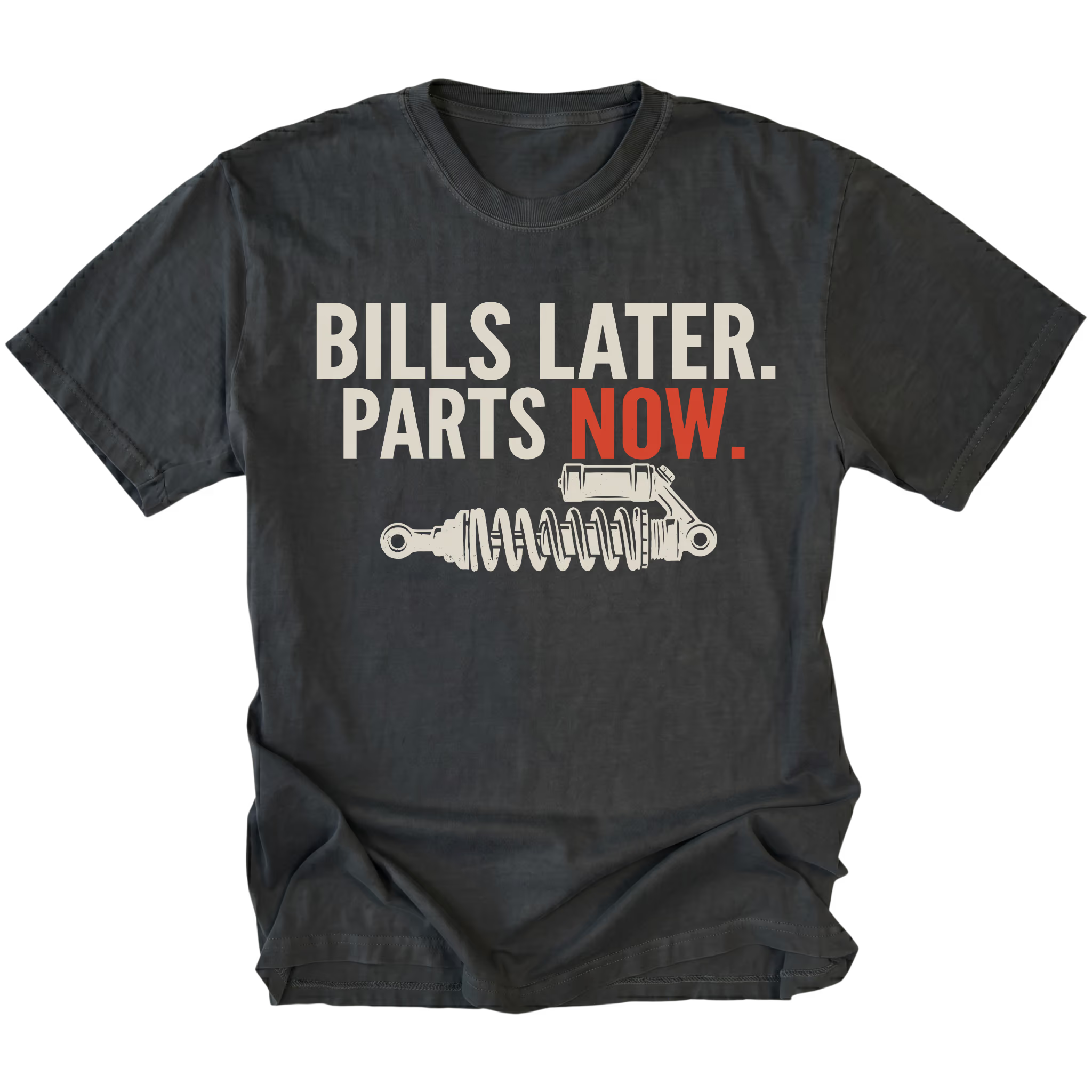 Black t-shirt featuring Bills Later Parts Now design with suspension coilover graphic on front view by Trail Snark.