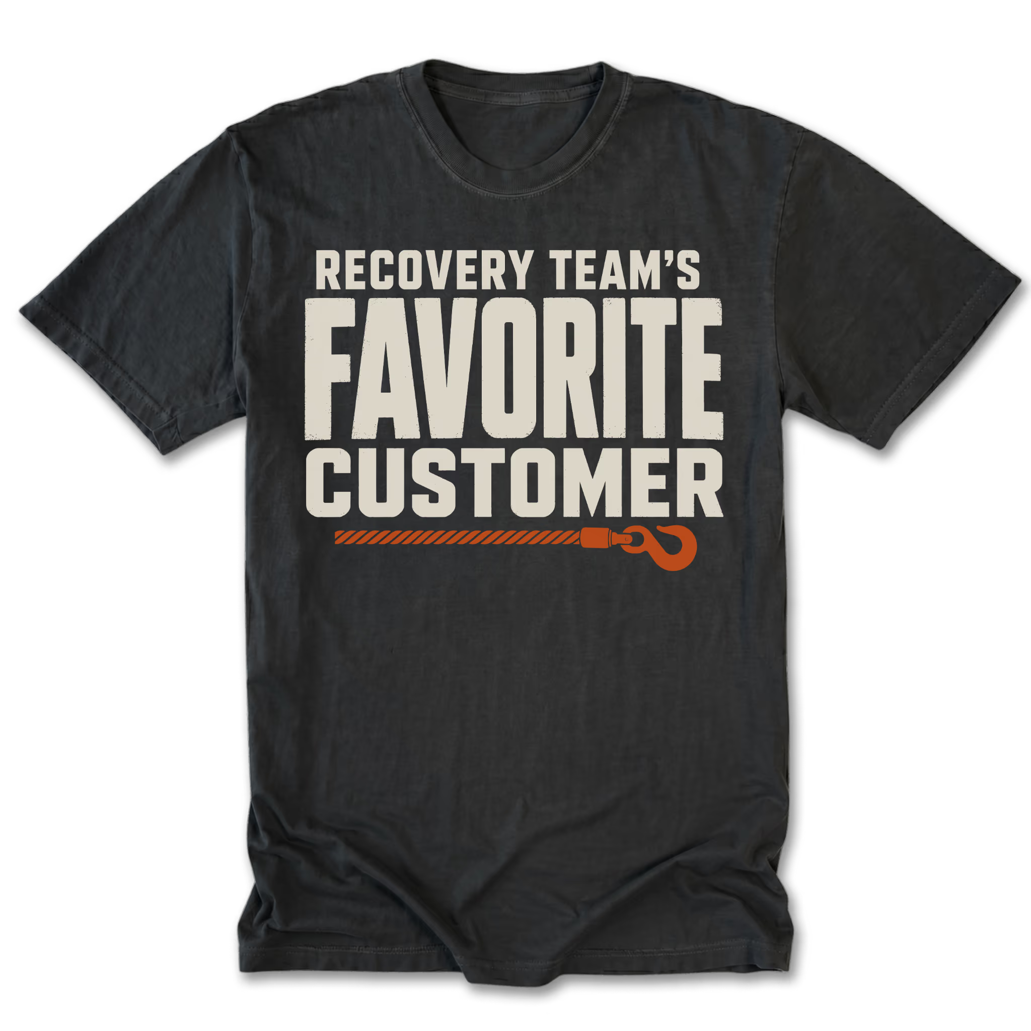 A black t-shirt with a graphic print that reads 'RECOVERY TEAM'S FAVORITE CUSTOMER' in off-white block letters, with an orange rope and hook illustration underneath, displayed on a clean white background.