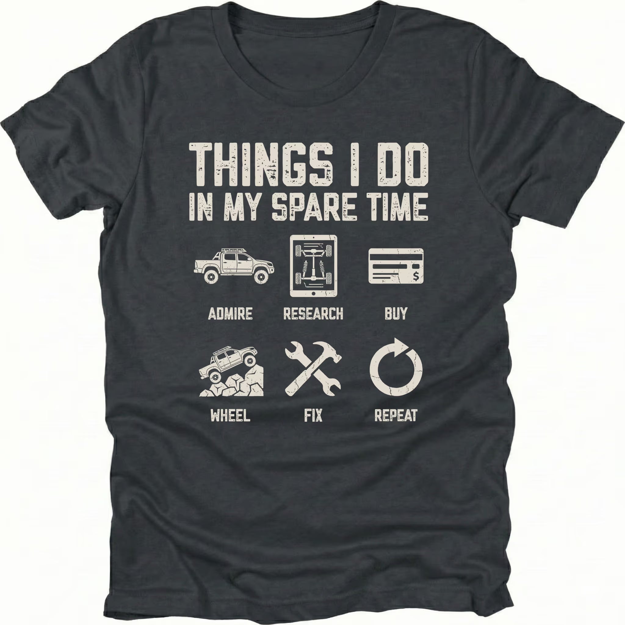 Black T-Shirt with icons and text reading “Things I Do In My Spare Time” showing admire research buy wheel fix repeat on front view by Trail Snark.