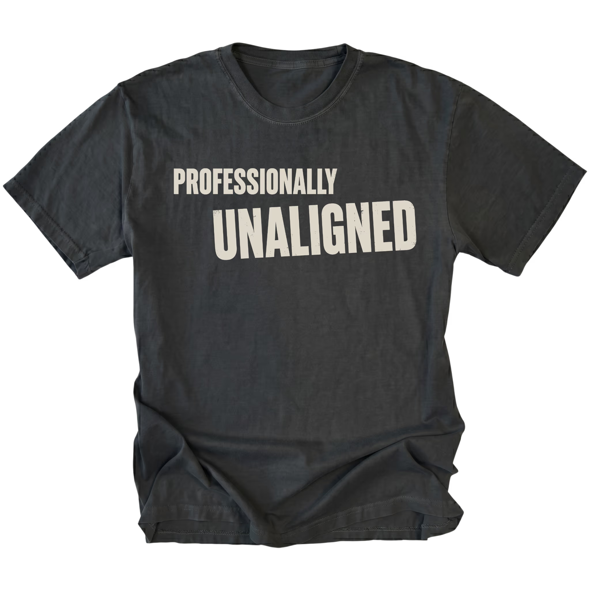 Black T-Shirt featuring the Professionally Unaligned design on the front by Trail Snark.