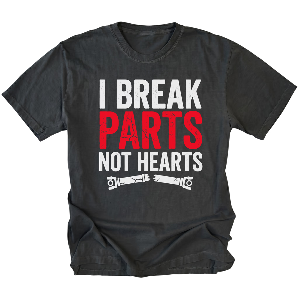 Black T-Shirt featuring the I Break Parts Not Hearts design on the front view by Trail Snark.