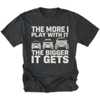 Black T-Shirt featuring The More I Play With It The Bigger It Gets design with three progressively modified Lexus RX style SUVs on the front view by Trail Snark.