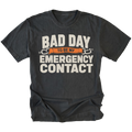 Black t-shirt featuring the Emergency Contact design on the front by Trail Snark.