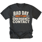 Black t-shirt featuring the Emergency Contact design on the front by Trail Snark.