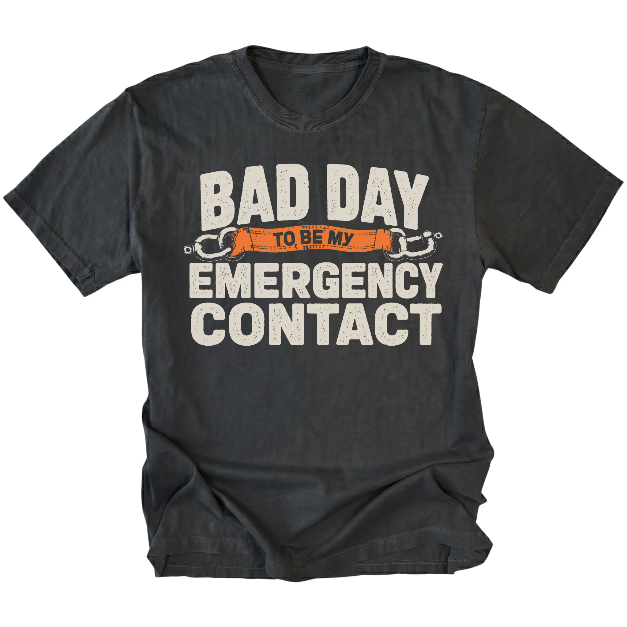 Black t-shirt featuring the Emergency Contact design on the front by Trail Snark.