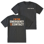 Black T-shirt with Pray for Me on the front and the Emergency Contact design on the back by Trail Snark.
