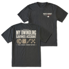 Black T-shirt with Parts Budget Status Critical front print and My Dwindling Savings Account back design shown front and back by Trail Snark.