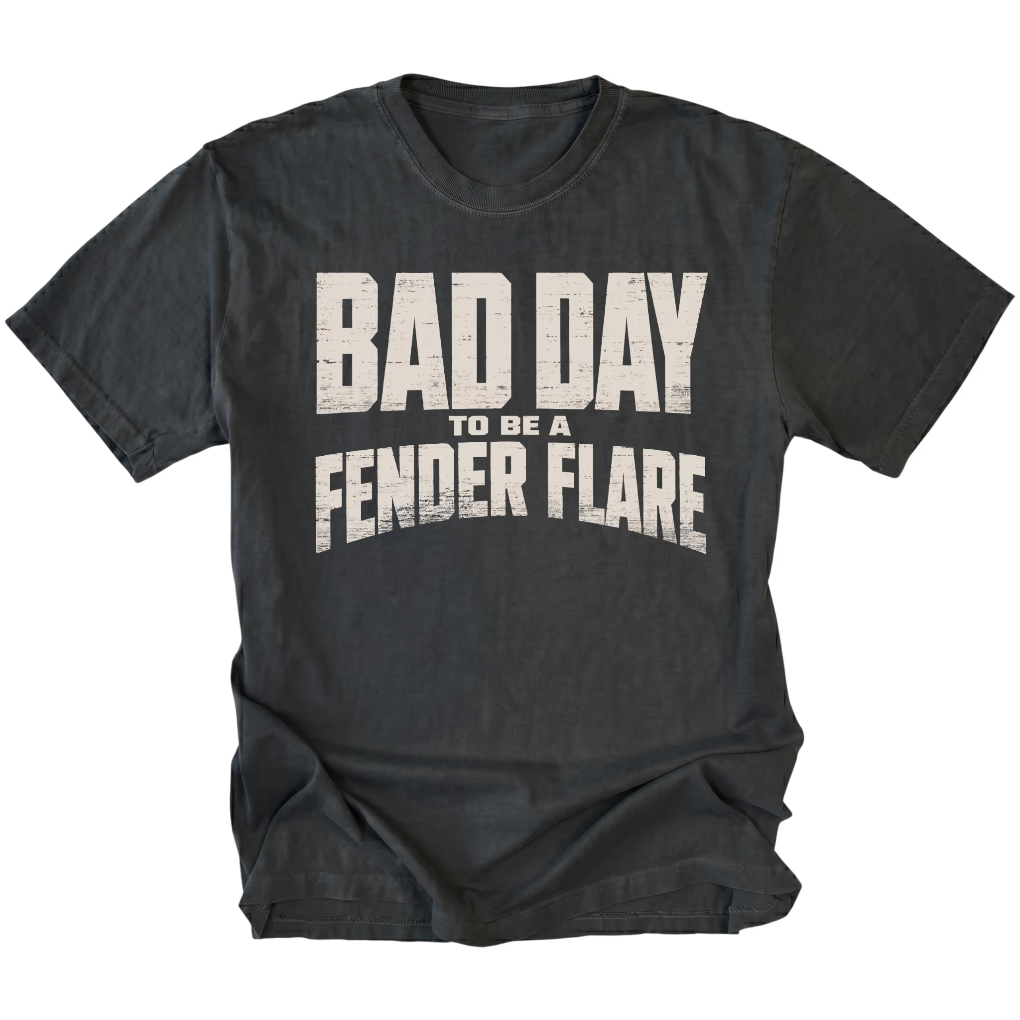 Black T-Shirt featuring the Bad Day To Be A Fender Flare design on the front by Trail Snark.