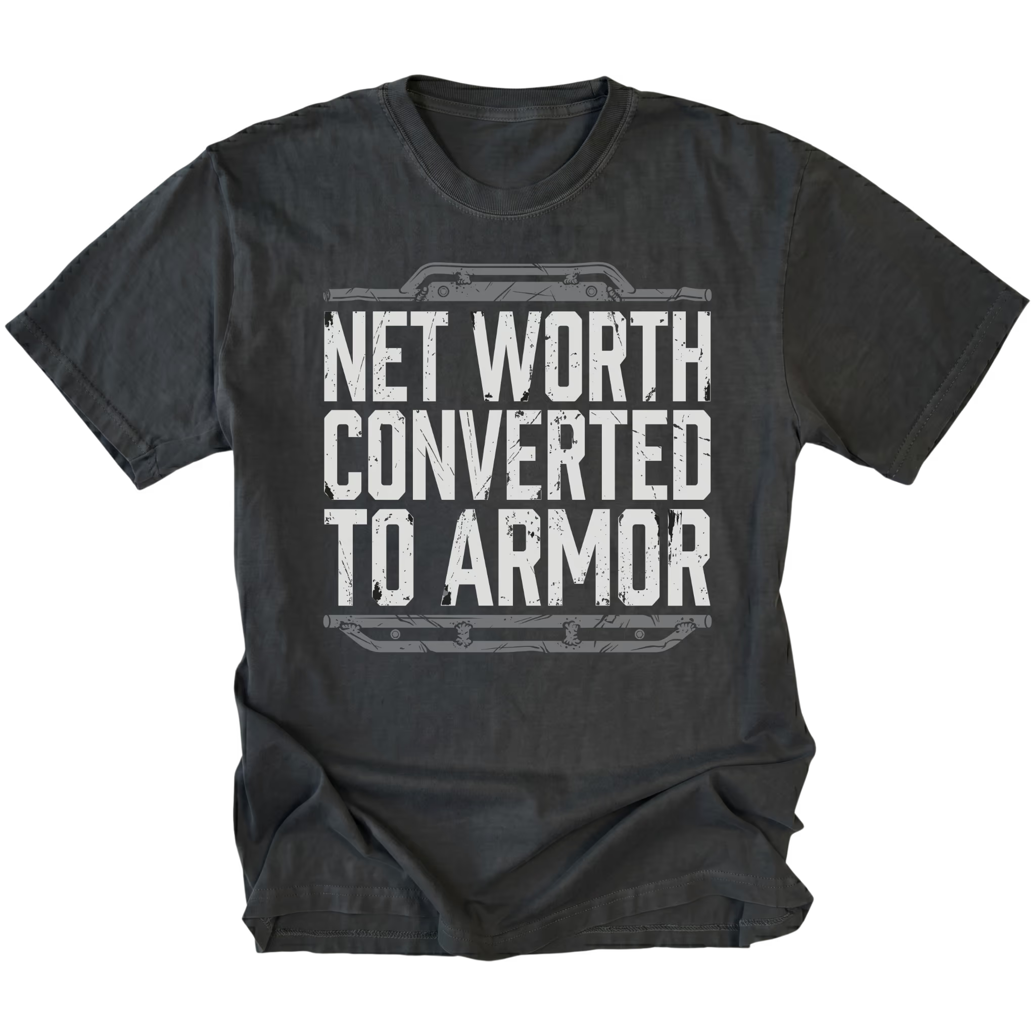 Black T-shirt featuring the Net Worth Converted To Armor design on the front by Trail Snark.