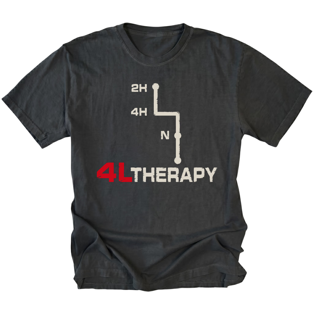 Black t-shirt featuring the 4L Therapy design on the front by Trail Snark.