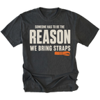 Black T-shirt featuring the Bring Straps recovery design on the front by Trail Snark.