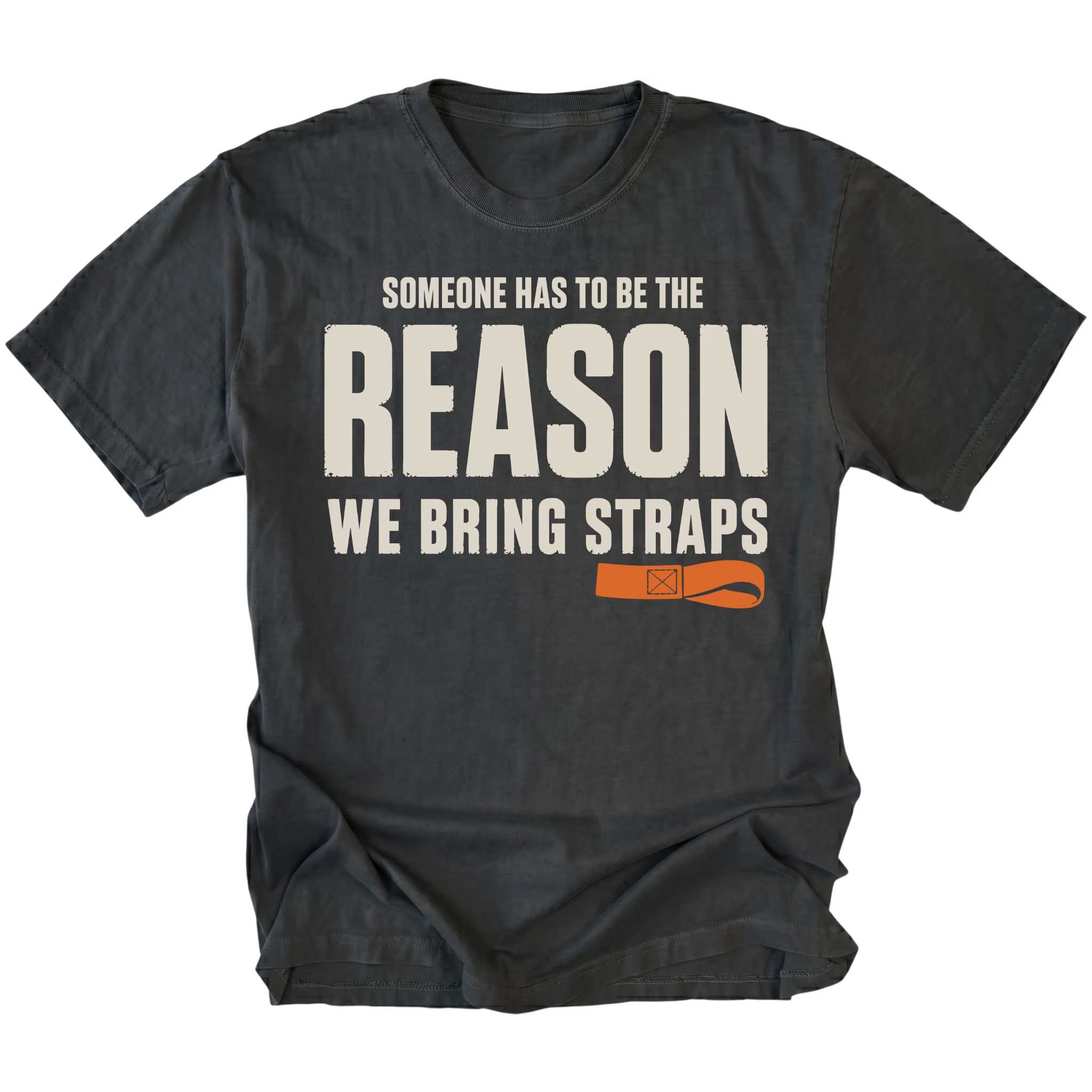 Black T-shirt featuring the Bring Straps recovery design on the front by Trail Snark.